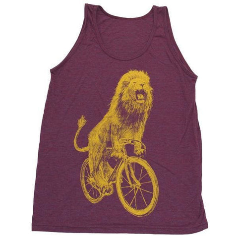 mens tank top with a yellow lion riding a bicycle - screen printed lion shirt