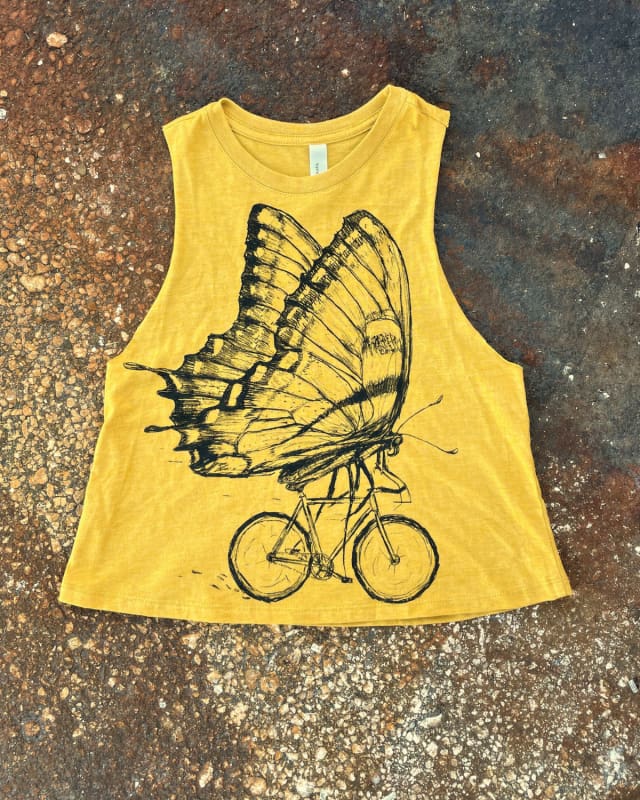 Butterfly on A Bicycle Women’s Racerback Crop Tank - Racerback Cropped Tank - Mustard Yellow / S - Women’s
