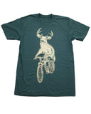 Deer on a Mountain Bicycle Men’s T-Shirt - Unisex/Mens Tee / Classic Tee - Forest / XS - Animals on Bikes