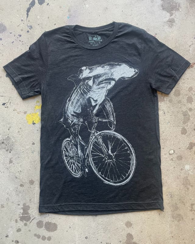 Hammerhead Shark on a Bicycle Men’s T-Shirt (new color way) - Mens/Unisex Tee / 70’s Vintage - Tri-Black / XS - Unisex Tees