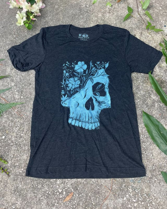 Life and Death V | Fulfilled Blue Skull and Floral Men’s/Unisex Shirt - 70’s Vintage Tee - Tri-Black / XS - Unisex Tees
