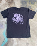 Octopus on a Bicycle Mens/Unisex Shirt - 90’s Heavy Tee - Black / Lavender / S - Animals on Bikes