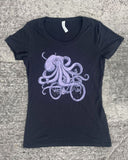 Octopus on a Bike Women’s T-Shirts - Classic Slim Tee - Black / Lavender / S - Animals on Bikes