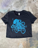 Octopus on a Bike Women’s T-Shirts - Crop Tee - Black / Bright Blue / S - Animals on Bikes