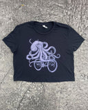 Octopus on a Bike Women’s T-Shirts - Crop Tee - Black / Lavender / S - Animals on Bikes
