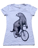 Otter on a Bicycle Women’s T-Shirt - Classic Slim Tee - White Fleck / S - Ladies Tees