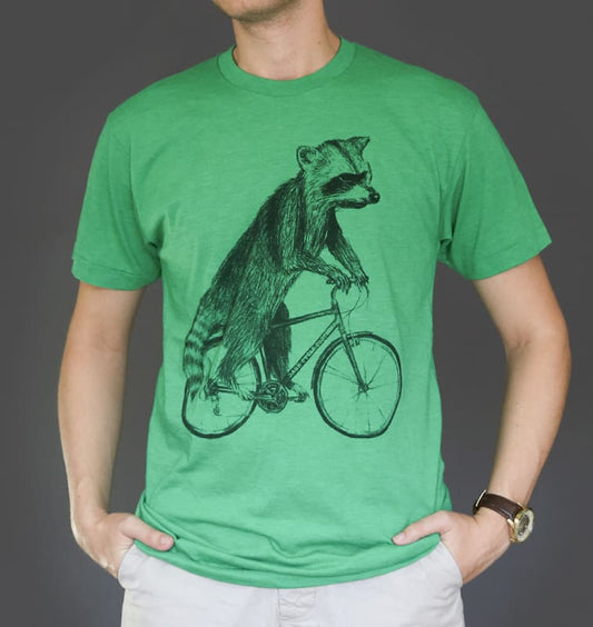 Raccoon on a Bicycle Mens T-Shirt - Unisex/Mens Tee / Heather Kelly / XS - Unisex Tees