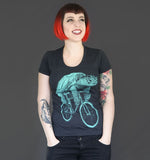 Sea Turtle on a Bicycle Womens T-Shirt - Tri Black / S - Ladies Tees