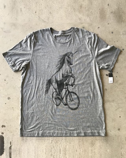 Unicorn on A Bicycle Men’s/Unisex Shirt - 70’s Vintage Tee - Tri-Grey / XS - Unisex Tees