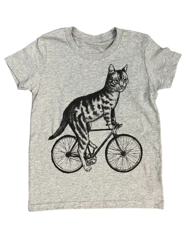 Cat on a Bicycle Youth Shirt - Classic Tee - Heather Grey / YS