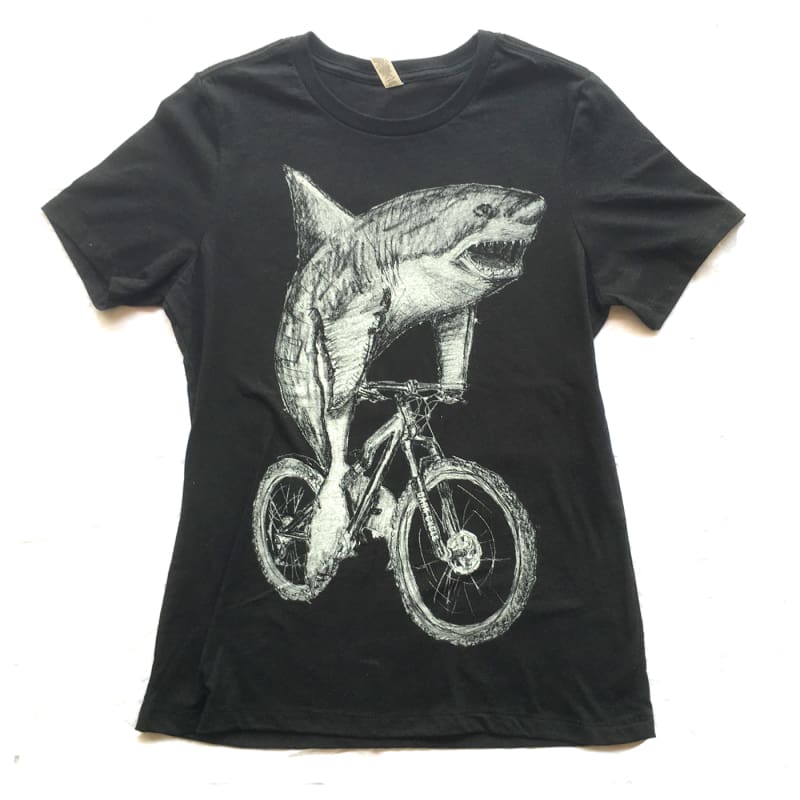 Great White Shark on a Bicycle Womens T-Shirt - Womens Relaxed Tee(black Heather) / Black Heather / S - Ladies Tees
