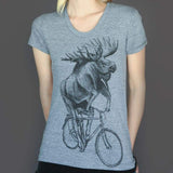 Moose on a Bicycle Womens T-Shirt - Womens Tee / Tri-Grey / S