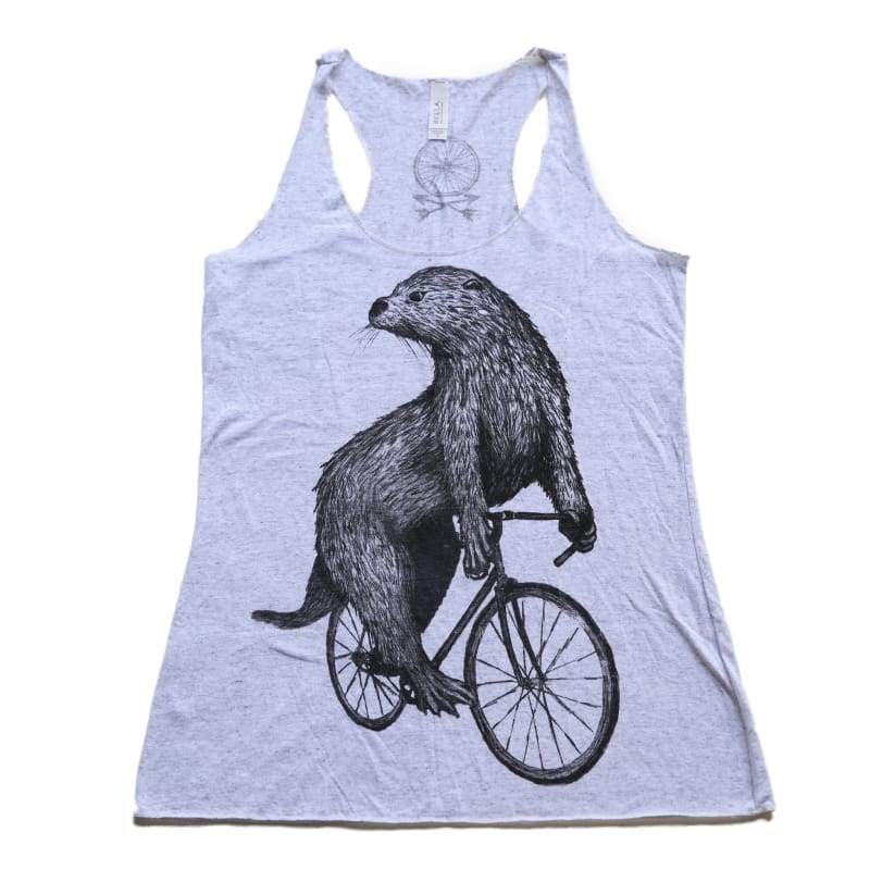 Otter on a Bicycle Womens Racerback Tank Top - Ladies Tank / S / White Fleck - Ladies Tanks
