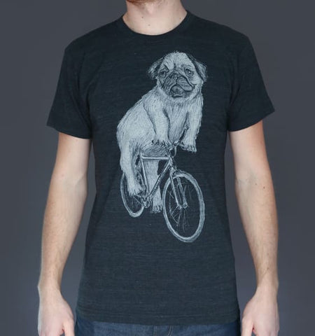 screen printed pug riding a bicycle