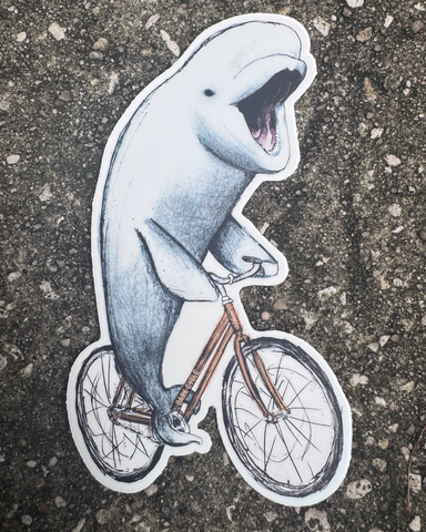 Beluga Whale on a Bicycle Vinyl Sticker