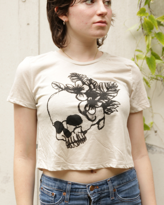 Life and Death - Women's Botanical Skull and Floral Crop Top