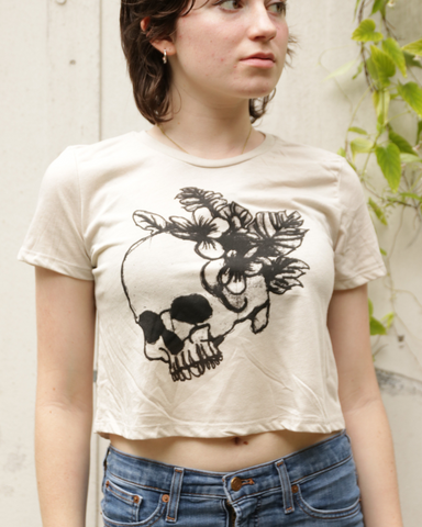 Life and Death - Women's Botanical Skull and Floral Crop Top