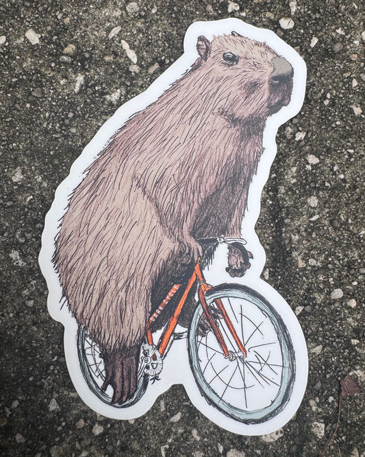 Capybara on a Bicycle Vinyl Sticker