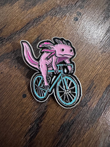 Axolotl on a Bike Enamel Pin