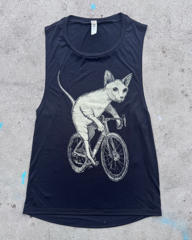 Hairless Cat on Bicycle Flowy Muscle Tank