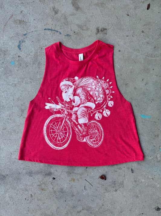Santa on A Bicycle Women's Racerback Crop Tank
