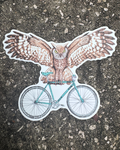 Owl on a Bicycle Vinyl Sticker