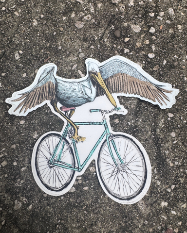 Pelican on a Bicycle Vinyl Sticker