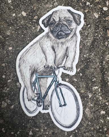 Pug on a Bicycle Vinyl Sticker