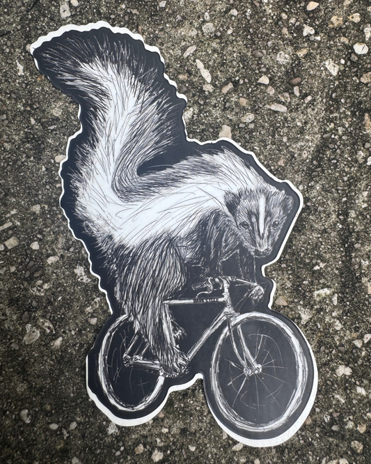 Skunk on a Bicycle Vinyl Sticker