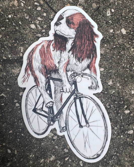 Spaniel on a Bicycle Vinyl Sticker