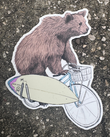Surf Bear on a Bicycle Vinyl Sticker
