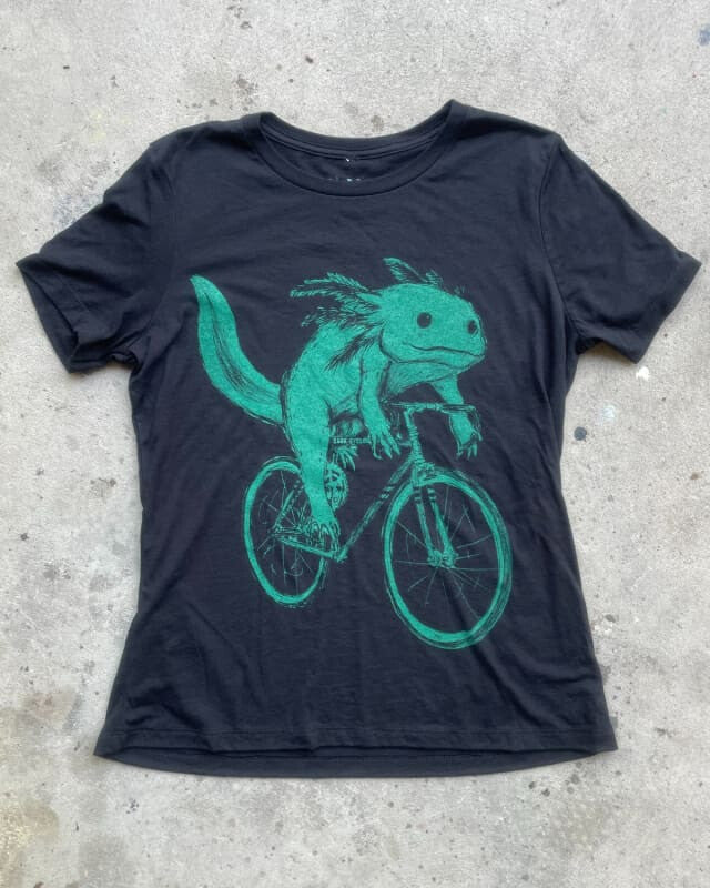 Axolotl on A Bicycle Teal Ink Women’s Shirt - Standard Tee - Black / S - Women’s