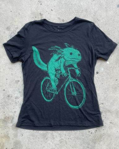 Axolotl on A Bicycle Teal Ink Women's Shirt