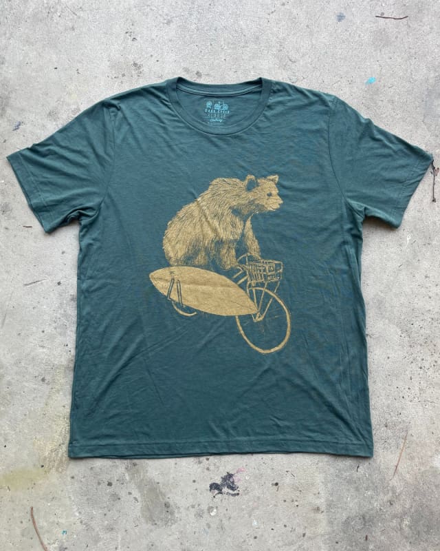 Bear with Surfboard on a Bicycle Men’s T-Shirt - 70’s Vintage Tee - Tri-Forest / XS - Animals on Bikes