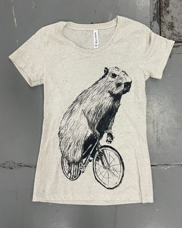Capybara on A Bicycle Women’s Shirt - Classic Slim Tee - Tri-Oatmeal / S - Women’s