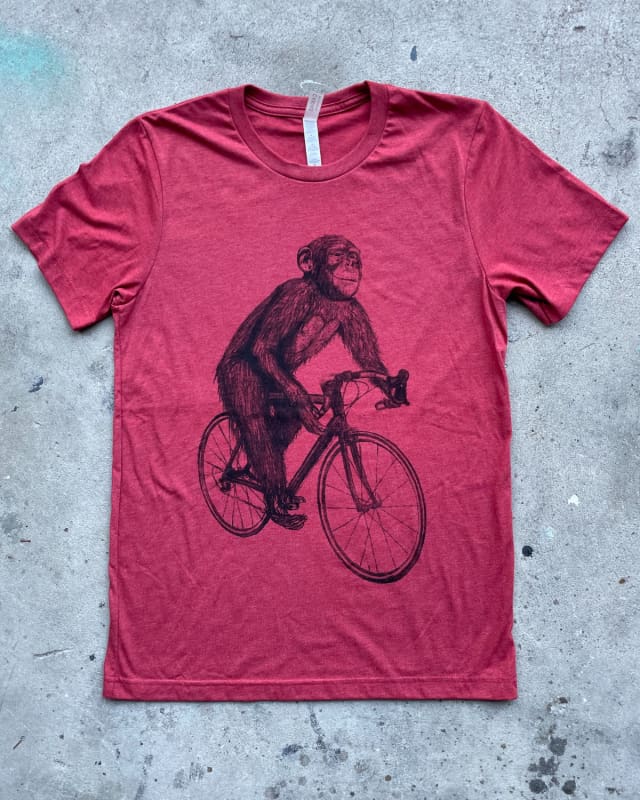 Chimpanzee on a Bicycle Men’s/Unisex Shirt - The CVC Tee - Heather Red / XS - Unisex Tees