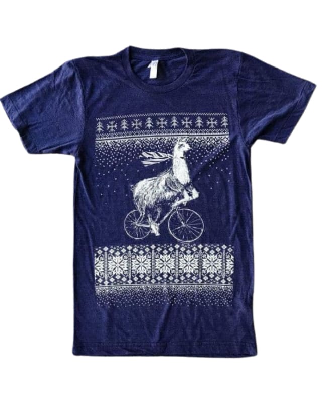 Christmas Llama on a Bicycle Men’s/Unisex Shirt - 70’s Vintage Tee - Tri-Navy / XS - Shirts