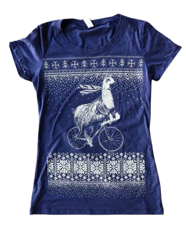 Christmas Llama on a Bicycle Women’s Shirt - Classic Slim Tee - Tri-Navy / S - Unisex Tees