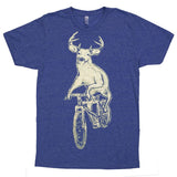 Deer on a Mountain Bicycle Mens T-Shirt - Unisex/Mens Tee / Tri-Indigo / XS - Animals on Bikes