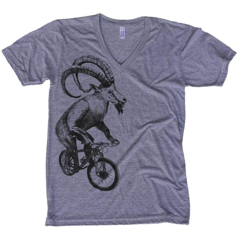 Goat on a Mountain Bicycle Mens V-Neck Shirt - V-Neck / Athletic Grey / XS - Unisex Tees