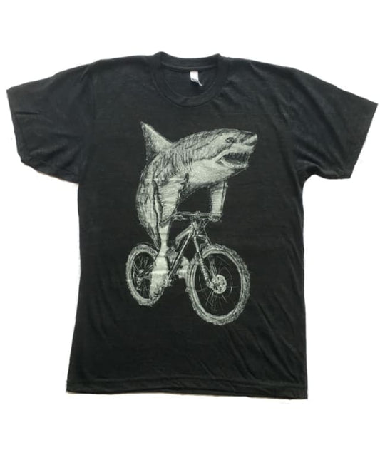Great White Shark on a Bicycle Men’s T-Shirt - Mens/Unisex Tee / Tri-Black / XS - Unisex Tees