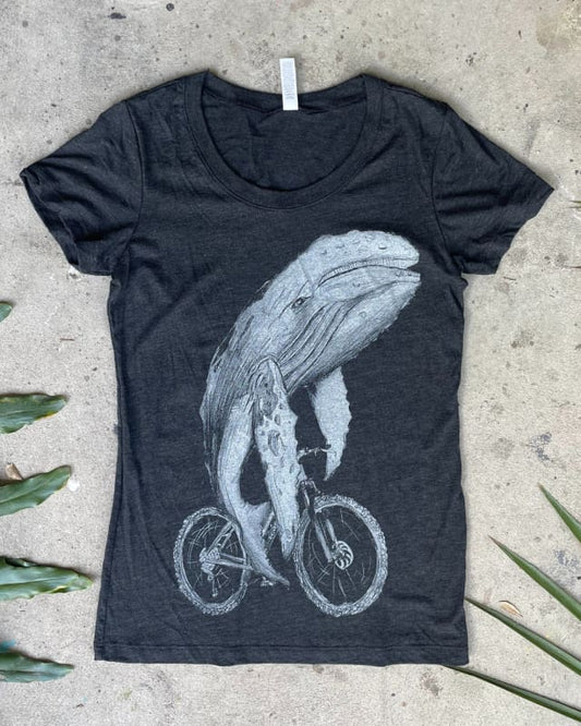 Grey Whale on A Bicycle Women’s Shirt - Classic Slim Tee - Black / S - Women’s