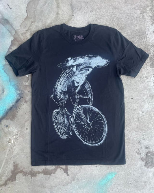 Hammerhead Shark on a Bicycle Men’s T-Shirt (new color way) - Mens/Unisex Tee / Classic Tee - Black / XS - Unisex Tees