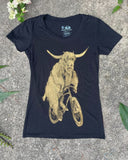 Highland Cow on A Bicycle Women’s Shirt - Classic Slim Tee - Black / S - Women’s