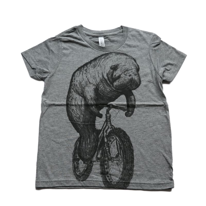Manatee on a Bicycle Kids T-Shirt - Youth Tee / Grey Triblend / S - Kids Shirts
