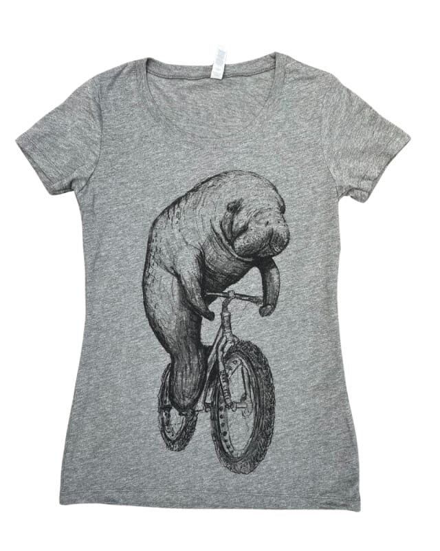 Manatee on a Bicycle Women’s T-Shirt - Classic Slim Tee - Tri-Grey / S - Ladies Tees