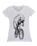 Manatee on a Bicycle Women’s T-Shirt - Classic Slim Tee - White / S - Ladies Tees
