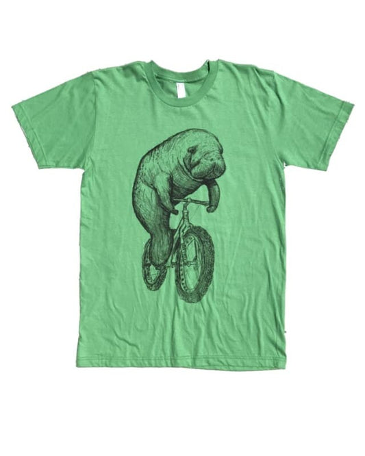 Manatee on a Fat Tire Bike Men’s T-Shirt - Classic Tee - Grass / XS - Unisex Tees