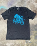 Octopus on a Bicycle Mens/Unisex Shirt - 70’s Vinatge Tee - Tri-Black / Bright Blue / S - Animals on Bikes