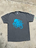 Octopus on a Bicycle Mens/Unisex Shirt - Garment Dyed - Faded Black / Bright Blue / S - Animals on Bikes
